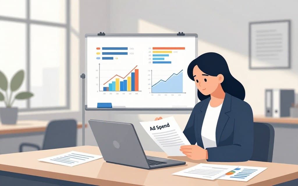 A serene office environment, focusing on a professional businesswoman in a smart blazer, analyzing financial charts on a sleek laptop. In the foreground, she examines a bulging folder labeled "Ad Spend" with papers scattered, highlighting wasteful areas. In the middle, a whiteboard displays colorful graphs illustrating advertising budgets and spending trends. The background features a modern office space with soft natural lighting streaming through large windows, casting gentle shadows that create a calm atmosphere. Use a wide-angle lens to capture the entire scene, emphasizing clarity and organization, with soft colors and a clean aesthetic. The mood is one of focused determination, encouraging analysis and strategic thinking around minimizing waste in advertising spends.