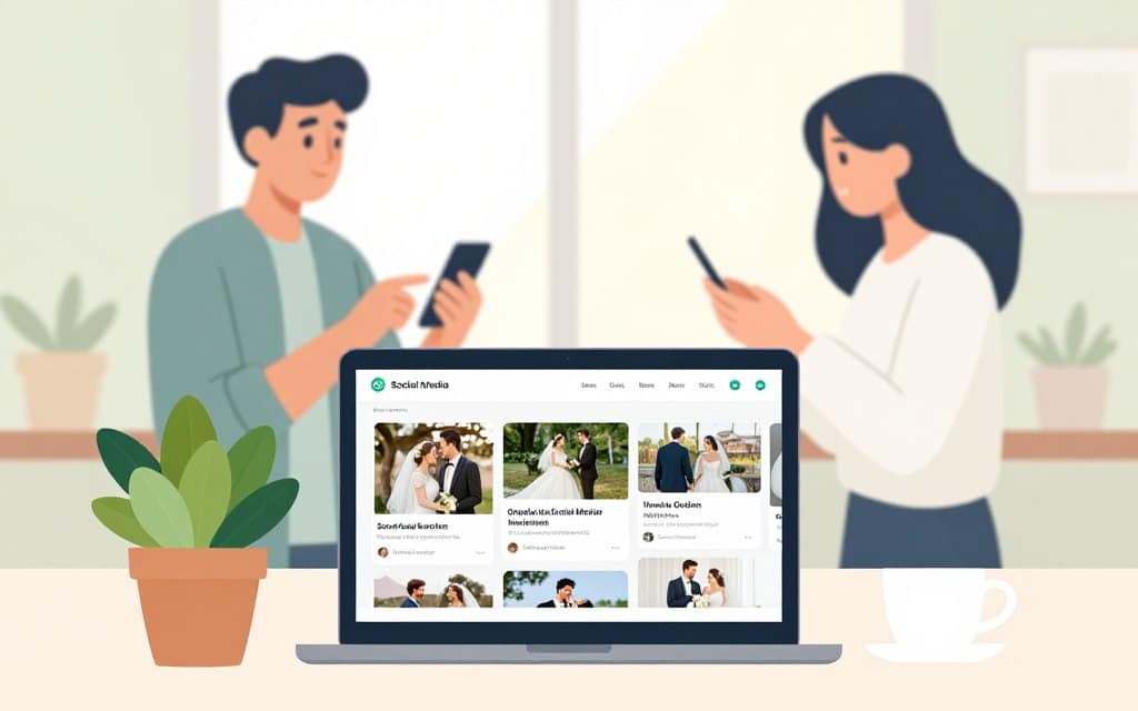 A serene workspace setting focusing on organic social media marketing for wedding photography services. In the foreground, a laptop displays a vibrant social media feed filled with beautiful wedding photos and engaging captions. A potted plant adds a touch of greenery, emphasizing an organic feel. In the middle ground, a professional figure dressed in smart casual attire is actively engaging with their audience on a smartphone, with soft light illuminating their face, creating a warm, inviting atmosphere. The background features a bright window with soft, diffused sunlight filtering in, enhancing the calming mood. The colors are soft pastels, with an overall emphasis on simplicity and clarity, avoiding clutter to keep the focus on the subject of marketing through social media.