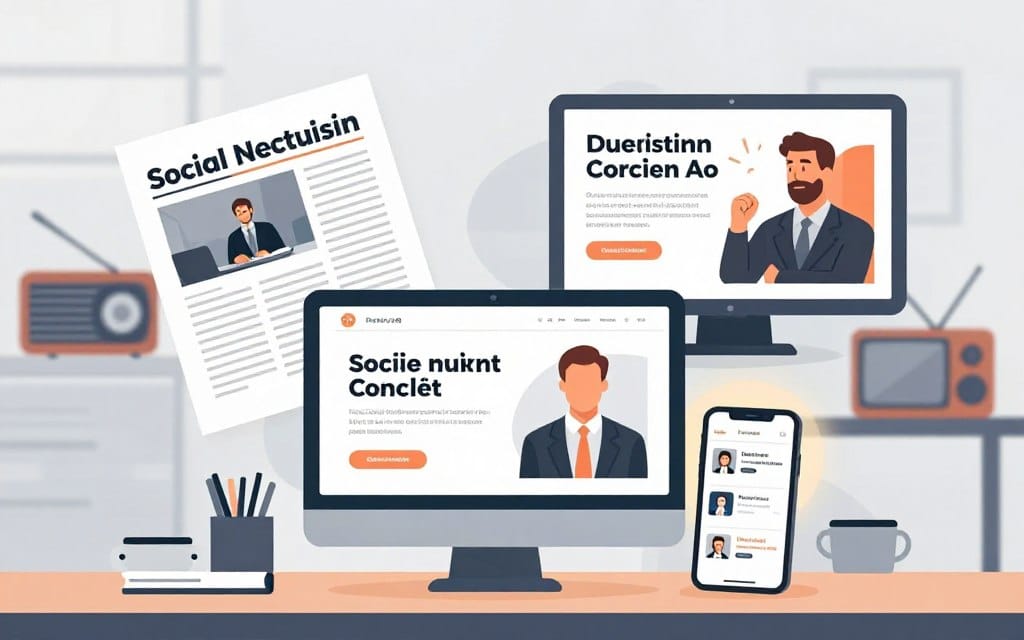 A visually engaging illustration depicting the various types of ad copy media in both digital and traditional formats. In the foreground, showcase a computer screen displaying social media ads and a smartphone with mobile app promotions, both illuminated softly by a warm glow. In the middle, portray a printed magazine and billboard featuring eye-catching headlines and images that represent traditional ad copy, while a radio and television set subtly hint at audio and video advertising. The background should be a blurred workspace with a clean, professional ambiance, featuring elements like a notepad and pen emphasizing the strategizing environment. The lighting is soft and diffused, creating a calm and productive atmosphere, inviting viewers to explore the multifaceted world of advertising.