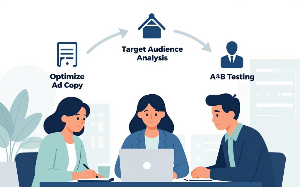 Create a visually engaging infographic-style image depicting a step-by-step guide to fixing low click-through rates (CTR) in advertising. In the foreground, illustrate a diverse group of three professionals—one male and two females—dressed in smart business casual attire, attentively reviewing graphs and analysis on a laptop. In the middle, incorporate clear, simple icons representing key steps such as "Optimize Ad Copy," "Target Audience Analysis," and "A/B Testing," arranged in a circular flow to illustrate progression. The background should be a clean, modern office environment with soft lighting, creating an atmosphere of productivity and focus. Use a soft color palette with blues and greens to evoke trust and clarity, ensuring the composition is uncluttered and visually appealing.