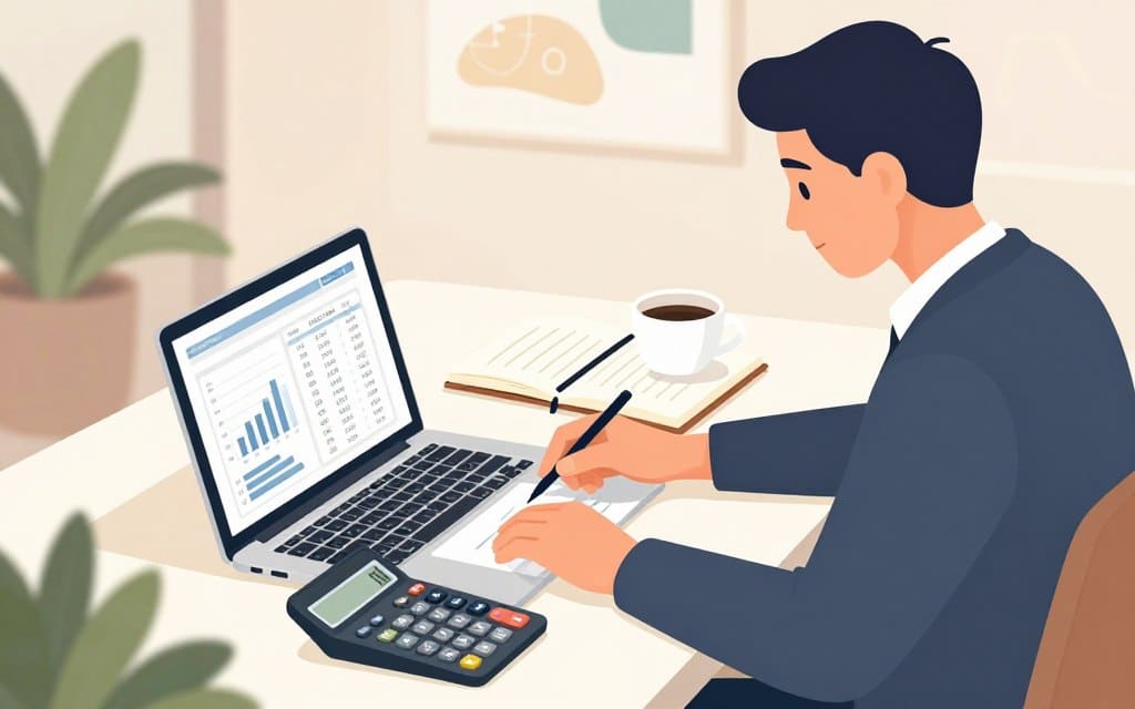 A business professional, dressed in smart casual attire, is seated at a modern desk with a laptop open, focused intently on calculating cost per lead. In the foreground, a digital calculator displays numbers and graphs, highlighting a financial analysis. The middle ground features a sleek notebook filled with handwritten notes and a cup of coffee, creating a warm, inviting atmosphere. The background showcases a softly lit office space with abstract wall art and plants for a touch of greenery. The lighting is soft and diffused, giving a calm ambiance, while the camera angle is slightly above eye level, capturing the intensity and concentration of the individual as they work on a financial projection.