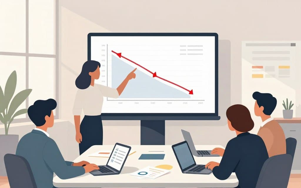 A contemporary office setting featuring a team of diverse professionals analyzing an advertising campaign on a large screen. In the foreground, two individuals in business attire, a woman and a man, are pointing at a graph that shows declining performance metrics with red flags marked. The middle ground shows a table filled with marketing materials and laptops, creating a dynamic learning environment. In the background, large windows let in soft natural light, casting gentle shadows and creating a calm atmosphere. The color palette is soft and muted, emphasizing a sense of seriousness and focus. The overall mood conveys urgency and the importance of identifying issues in ad campaigns.