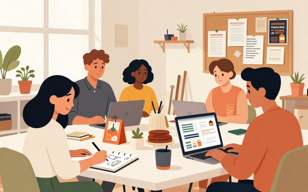 A creative workspace showcasing a diverse group of individuals, including men and women of varying ethnicities, collaborating on advertising strategies for handmade products. In the foreground, a cheerful young woman sketches out ideas on a notepad, while a man nearby shares a laptop screen displaying social media analytics. The middle ground features colorful handmade products artfully arranged on a table, complemented by a corkboard filled with pinned flyers and community event details. Soft, natural lighting filters in through a window, casting gentle shadows and creating a warm, inviting atmosphere. The background features a well-organized shelving unit with craft supplies and plants, enhancing the sense of creativity and resourcefulness. The overall mood conveys enthusiasm and innovation in maximizing free advertising opportunities.