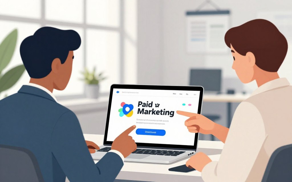 A digital marketing scene focused on paid advertising for app downloads. In the foreground, a diverse group of two business professionals—one man and one woman—discussing strategies while pointing at an eye-catching advertisement displayed on a laptop. In the middle, the screen shows a sleek app interface with vibrant graphics and download buttons. The background features a modern office setting, with soft natural light streaming in through large windows, and plants adding a touch of greenery. The atmosphere is energetic and collaborative, embodying a sense of urgency and innovation in the tech industry. Use a slight depth of field to emphasize the professionals and the laptop screen, creating a professional and engaging visual representation. A digital marketing scene focused on paid advertising for app downloads. In the foreground, a diverse group of two business professionals—one man and one woman—discussing strategies while pointing at an eye-catching advertisement displayed on a laptop. In the middle, the screen shows a sleek app interface with vibrant graphics and download buttons. The background features a modern office setting, with soft natural light streaming in through large windows, and plants adding a touch of greenery. The atmosphere is energetic and collaborative, embodying a sense of urgency and innovation in the tech industry. Use a slight depth of field to emphasize the professionals and the laptop screen, creating a professional and engaging visual representation.