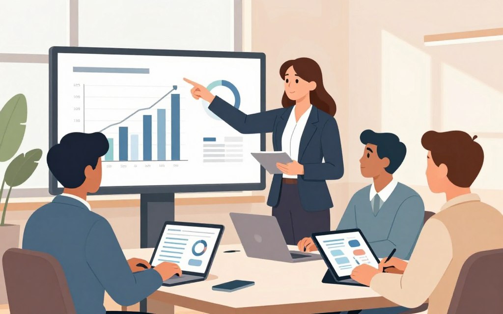 A focused business meeting scene in a modern office environment, showcasing a diverse group of professionals analyzing charts and data on a large screen. In the foreground, a woman in a smart blazer points at a bar graph indicating the success metrics of low-cost advertising campaigns, her expression engaged and thoughtful. In the middle ground, a man taking notes on a laptop, while another team member holds a tablet displaying graphs and analytics. The background features windows with soft, natural light filtering in, illuminating indoor plants for a welcoming atmosphere. The overall color palette is soft and warm, evoking a sense of collaboration and productivity without clutter.