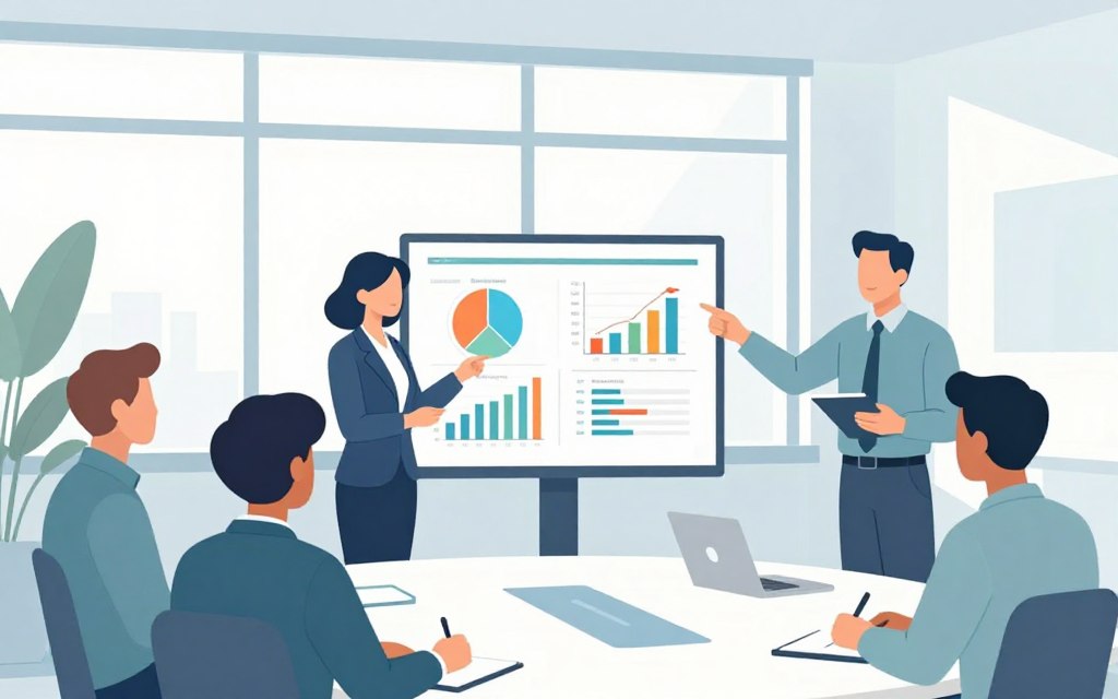 A focused scene depicting a diverse group of professionals in a sleek, modern conference room. In the foreground, a middle-aged woman in business attire is analyzing colorful graphs and charts displayed on a digital screen, embodying the concept of optimizing ad frequency. In the middle ground, a younger man takes notes, while another colleague points to a visual representation of frequency caps. The background features large windows with soft, natural light pouring in, creating an atmosphere of collaboration and innovation. The color palette is soft and calming, with gentle blues and greens. The composition uses a slight overhead angle to highlight the interaction among the team, ensuring a clear central focus on the presentation's key elements.