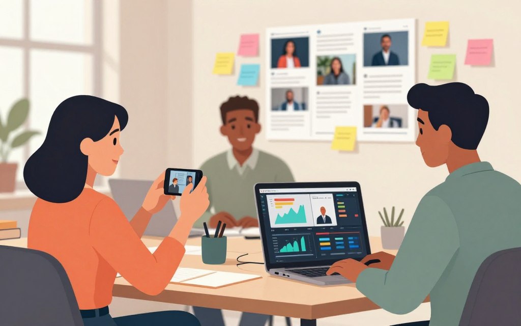 A lively workspace featuring a diverse group of three professionals collaborating on social media and video content creation. In the foreground, a woman in smart casual attire is filming a video with a smartphone, focused on delivering an engaging message. To her right, a man is editing the footage on a laptop, showcasing graphs and social media analytics on the screen. The background reveals an inspiring wall filled with colorful post-it notes and digital mockups of social media posts, symbolizing creativity and strategy. The atmosphere is vibrant and focused, illuminated by soft natural light from a nearby window, creating a warm and inviting mood. Use a soft depth of field to emphasize the subjects while keeping the background slightly blurred.