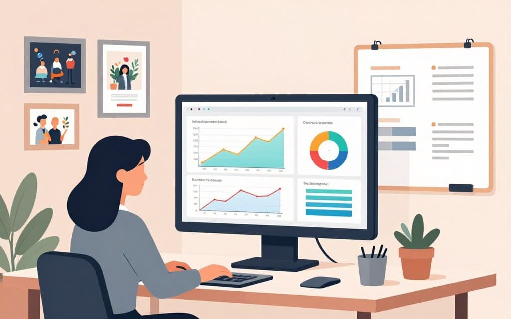 A modern digital marketing workspace showcasing programmatic advertising in action. In the foreground, a professional businesswoman analyzing real-time data on a sleek laptop, wearing smart business attire. The middle ground features a large screen displaying colorful graphs and data visualizations, representing ad placements and performance metrics. Soft, ambient lighting illuminates the room, with a warm, inviting atmosphere. In the background, a wall adorned with framed digital ad campaigns and a whiteboard filled with strategic planning notes. The overall color palette is soft and muted, emphasizing a sense of focus and professionalism, capturing the dynamic nature of programmatic and real-time advertising placements. A modern digital marketing workspace showcasing programmatic advertising in action. In the foreground, a professional businesswoman analyzing real-time data on a sleek laptop, wearing smart business attire. The middle ground features a large screen displaying colorful graphs and data visualizations, representing ad placements and performance metrics. Soft, ambient lighting illuminates the room, with a warm, inviting atmosphere. In the background, a wall adorned with framed digital ad campaigns and a whiteboard filled with strategic planning notes. The overall color palette is soft and muted, emphasizing a sense of focus and professionalism, capturing the dynamic nature of programmatic and real-time advertising placements.