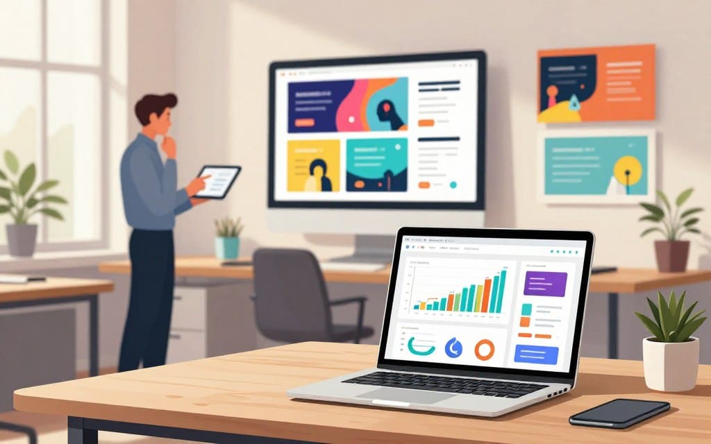 A modern digital workspace showcasing a variety of display ads and banner placements. In the foreground, a sleek laptop sits open on a wooden desk, displaying an analytical dashboard with colorful graphs and ad previews. In the middle ground, a stylish office environment is visible, with a large screen mounted on the wall showcasing diverse banner designs in eye-catching layouts. Beyond, a professional dressed in business attire stands thoughtfully, analyzing data on a tablet. Soft, natural lighting filters in through a window, creating a warm, inviting atmosphere. The background features minimalist décor and potted plants, ensuring the focus remains on the ads and strategic placements. The overall mood is focused, innovative, and professional. A modern digital workspace showcasing a variety of display ads and banner placements. In the foreground, a sleek laptop sits open on a wooden desk, displaying an analytical dashboard with colorful graphs and ad previews. In the middle ground, a stylish office environment is visible, with a large screen mounted on the wall showcasing diverse banner designs in eye-catching layouts. Beyond, a professional dressed in business attire stands thoughtfully, analyzing data on a tablet. Soft, natural lighting filters in through a window, creating a warm, inviting atmosphere. The background features minimalist décor and potted plants, ensuring the focus remains on the ads and strategic placements. The overall mood is focused, innovative, and professional.