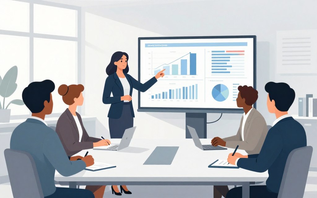 A modern office environment featuring a diverse group of professionals engaged in a collaborative meeting around a sleek conference table. In the foreground, a woman in smart business attire is pointing at a large, clear digital screen displaying data graphs and campaign analytics. The middle ground includes well-dressed colleagues observing and taking notes, showcasing a focused atmosphere. The background reveals a bright office with large windows letting in soft, natural light, enhancing the sense of professionalism and clarity. The overall mood is one of energy and innovation, reflecting teamwork and strategy in action, with soft colors and minimal clutter to emphasize the central theme of consolidating campaigns for improved data signals.