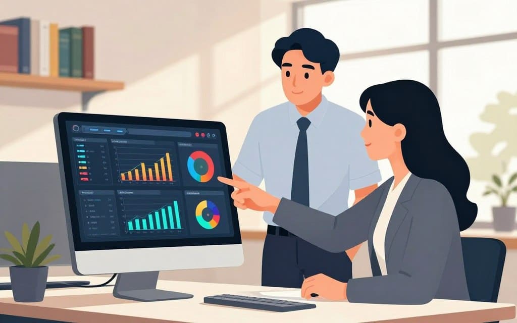A modern office scene showcasing a digital dashboard displaying analytics on ad performance refresh intervals. In the foreground, a sleek computer monitor illuminates the space, featuring colorful graphs and metrics, angled slightly for clarity. The middle ground features a professional male and female in business attire, pointing at the screen while discussing strategies. The background includes shelves with neatly organized marketing books and a large window allowing soft, natural light to spill in, creating a warm and inviting atmosphere. Use a soft focus to bring attention to the monitor while maintaining an overall bright and optimistic mood, highlighting the importance of data in decision-making.