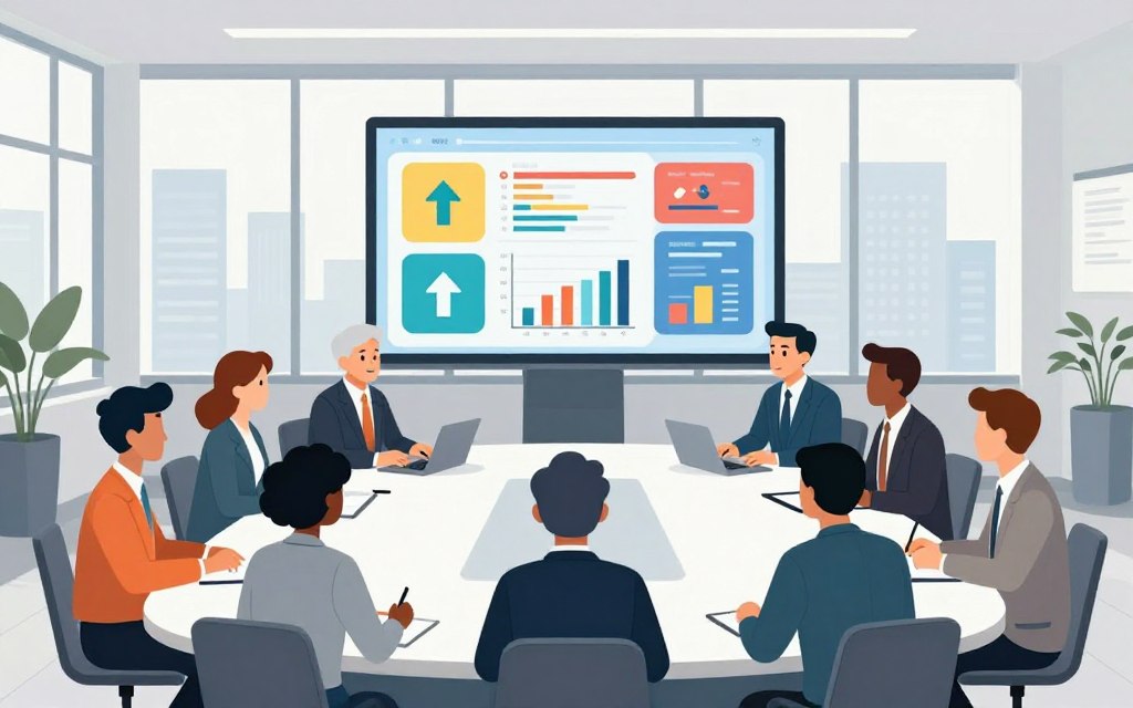 A modern office space with a large conference table at the center, surrounded by engaged professionals in business attire, analyzing colorful performance metrics displayed on a digital dashboard. The foreground features a diverse group of team members discussing data, with graphs and charts illustrating key performance indicators in vibrant colors. The middle ground displays a large screen showcasing various KPI metrics with icons like upward arrows and bar graphs. Soft, ambient lighting creates a collaborative atmosphere, and large windows in the background reveal a bright city skyline. The overall mood is focused and productive, emphasizing teamwork and data-driven decisions—no clutter, just a clear focus on teamwork and performance enhancement. A modern office space with a large conference table at the center, surrounded by engaged professionals in business attire, analyzing colorful performance metrics displayed on a digital dashboard. The foreground features a diverse group of team members discussing data, with graphs and charts illustrating key performance indicators in vibrant colors. The middle ground displays a large screen showcasing various KPI metrics with icons like upward arrows and bar graphs. Soft, ambient lighting creates a collaborative atmosphere, and large windows in the background reveal a bright city skyline. The overall mood is focused and productive, emphasizing teamwork and data-driven decisions—no clutter, just a clear focus on teamwork and performance enhancement.