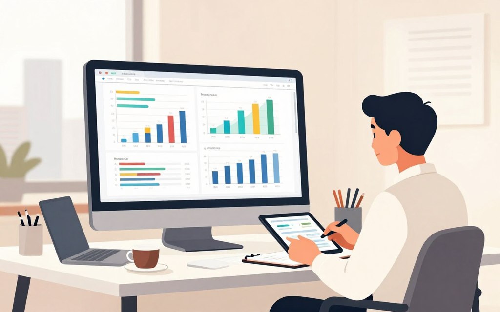 A modern office workspace with a sharp focus on a large screen displaying colorful graphs and charts related to key performance metrics analysis. In the foreground, a professional in business attire is thoughtfully reviewing the data, using a tablet and a notepad. The middle ground features a stylish desk with a laptop, coffee cup, and stationery, subtly hinting at a productive environment. The background is adorned with soft-lit windows showing a city skyline, creating an atmosphere of achievement and clarity. Warm, natural lighting accentuates the scene, giving a sense of optimism. The overall color palette is soft and inviting, emphasizing a straightforward and clean aesthetic without any clutter, ensuring the viewer’s attention remains on the performance metrics being analyzed. A modern office workspace with a sharp focus on a large screen displaying colorful graphs and charts related to key performance metrics analysis. In the foreground, a professional in business attire is thoughtfully reviewing the data, using a tablet and a notepad. The middle ground features a stylish desk with a laptop, coffee cup, and stationery, subtly hinting at a productive environment. The background is adorned with soft-lit windows showing a city skyline, creating an atmosphere of achievement and clarity. Warm, natural lighting accentuates the scene, giving a sense of optimism. The overall color palette is soft and inviting, emphasizing a straightforward and clean aesthetic without any clutter, ensuring the viewer’s attention remains on the performance metrics being analyzed.