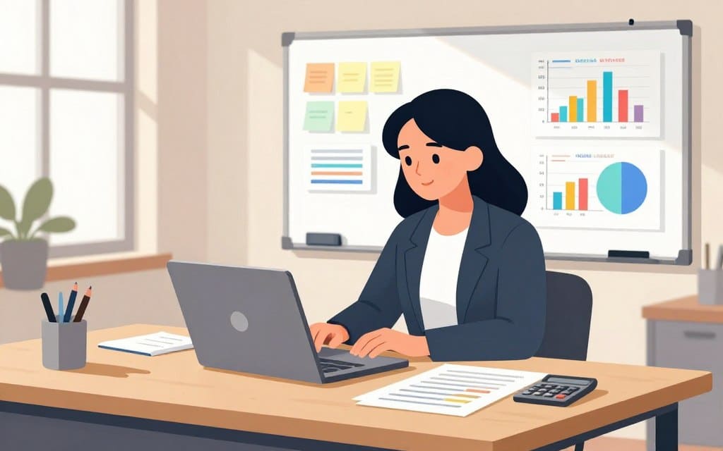 A modern, professional workspace with a large wooden desk in the foreground, featuring a laptop displaying graphs and ad statistics, surrounded by notes and a calculator. In the middle ground, a confident businesswoman in professional attire is focusing on optimizing the ad budget, her expression reflecting concentration and expertise. In the background, a whiteboard filled with colorful charts and KPIs illustrating campaign performance, along with sticky notes for creative ideas. The lighting is soft and natural, streaming through a window that casts gentle shadows, creating a calm and productive atmosphere. The color palette is warm and inviting, fostering a sense of efficiency and collaboration, while ensuring clarity and focus on the subject at hand.