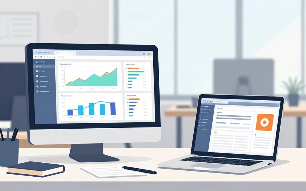 A modern workspace featuring automated campaign review tools designed for digital advertising. In the foreground, a sleek computer monitor displays a colorful dashboard with graphs and performance metrics, illuminated by soft, natural light. Beside the monitor, a stylish laptop showcases an interactive interface for managing ad campaigns. In the middle ground, a focus on a well-organized desk with notepads and pens, reflecting a professional atmosphere. In the background, a large window lets in diffused daylight, creating a calm and productive workspace environment. The overall mood is one of efficiency and innovation, emphasizing the importance of automation in advertising management. Colors are soft, avoiding clutter, ensuring a clear subject focus without text or any distractions.
