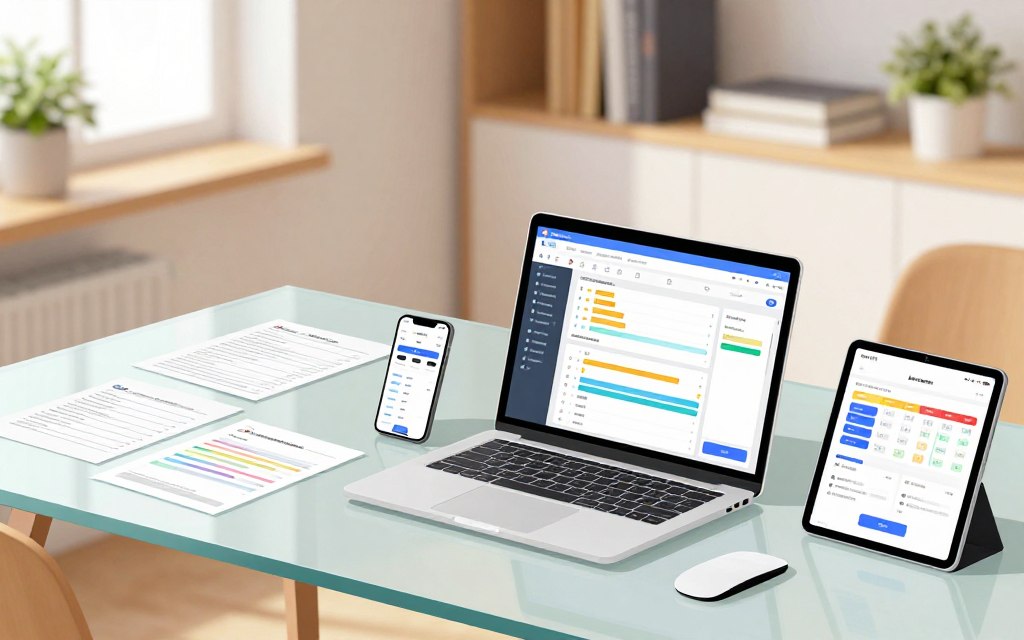 A modern workspace scene illustrating project management tools in action. In the foreground, a sleek laptop displays colorful project management software with task boards and timelines. A smartphone and a tablet, also showing the same software, are placed beside the laptop. In the middle ground, a clear glass desk strewn with organized paperwork and plush stationery creates a tidy atmosphere. The background features a softly lit room with wooden shelves containing books and indoor plants, promoting a sense of calm professionalism. The scene should have ample natural light coming through a window, casting gentle shadows. The overall mood is focused and efficient, conveying a productive work environment with subtle warm tones. No human subjects should be present, keeping the focus on the tools and workspace.