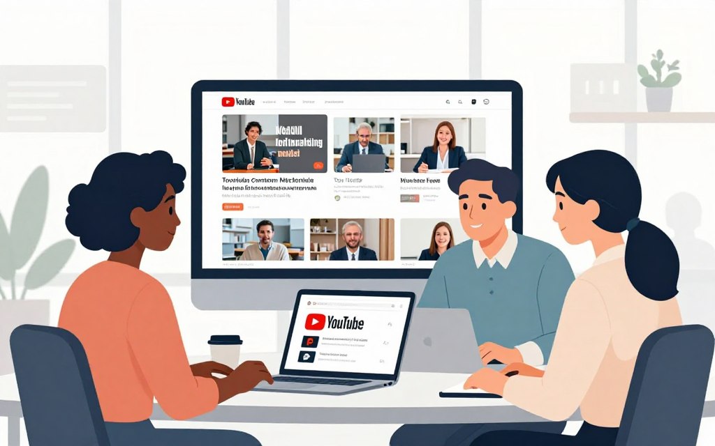 A modern workspace scene showcasing video content marketing on YouTube. In the foreground, a diverse group of three professionals—a Black woman and a Caucasian man, both in smart casual attire, and an Asian woman in a business suit—are actively brainstorming ideas around a laptop displaying the YouTube interface. In the middle ground, a large screen shows engaging video thumbnails related to marketing strategies. The background features a bright, airy office with soft, natural lighting pouring in from large windows, enhancing the creative atmosphere. The overall mood is collaborative and inspired, emphasizing innovation in digital marketing. The colors are soft pastels, ensuring a clear subject focus without clutter.