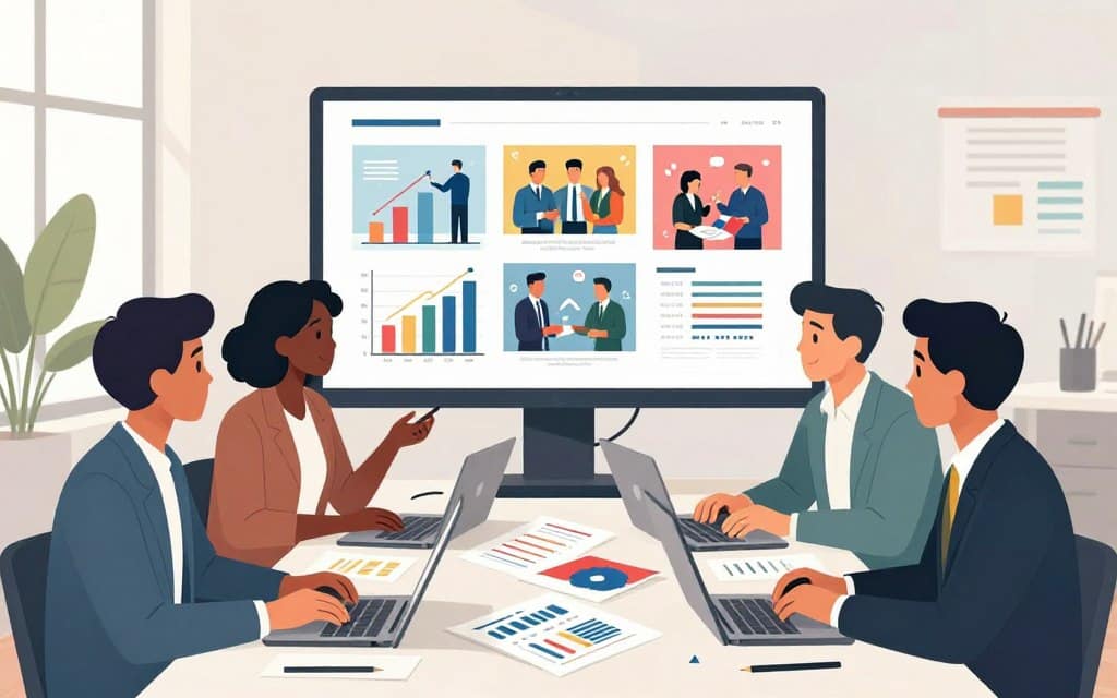 A professional business setting showcasing a successful marketing campaign in action. In the foreground, a diverse group of four business professionals, dressed in smart attire, are engaged in a vibrant brainstorming session over a table covered with digital devices and campaign visuals, illustrating real-world success stories. In the middle ground, a large screen displays impactful graphs and vibrant images representing various successful campaigns, while notes and creative materials are scattered on the table. The background features a modern office environment with natural light streaming in through large windows, creating a positive and motivating atmosphere. The color palette is soft and inviting, emphasizing collaboration and innovation without clutter. Capture the scene at a slight angle to convey depth and focus on the interaction among the professionals.