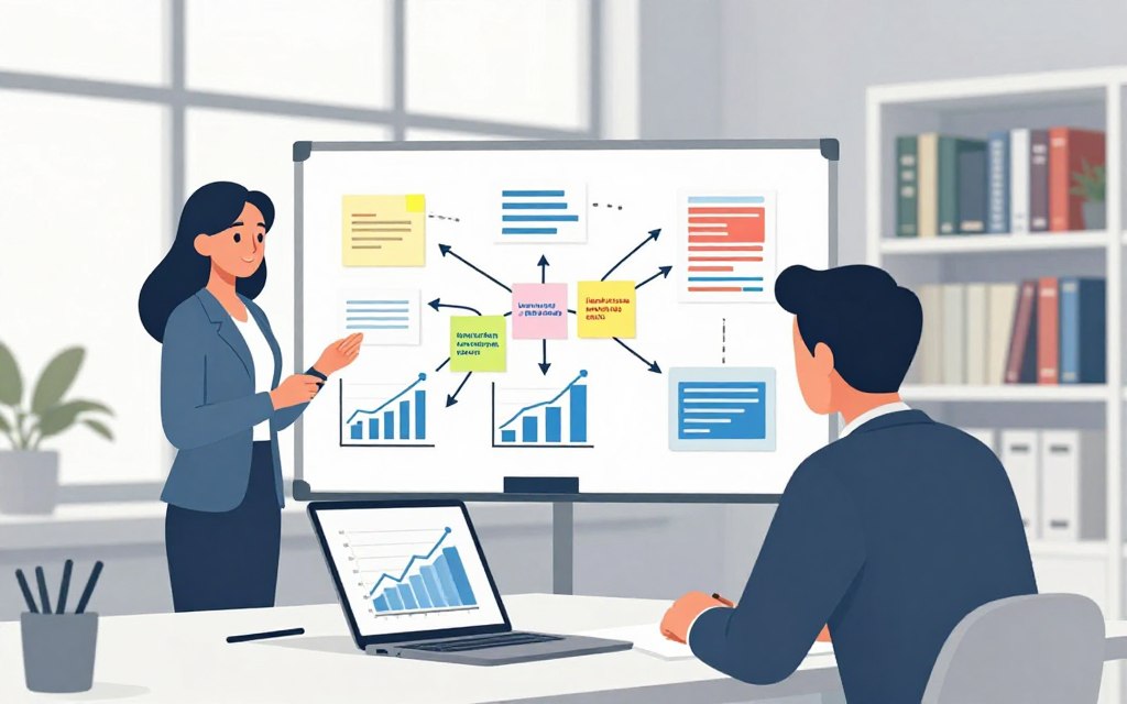 A professional businesswoman and businessman collaborate in a modern office surrounded by charts and graphs highlighting growth strategies. In the foreground, a sleek laptop displays graphs illustrating long-term conversion rates. The middle ground features a large whiteboard filled with colorful mind maps and sticky notes representing various marketing strategies. Soft, natural lighting streams through large windows, creating a bright and inviting atmosphere. In the background, bookshelves filled with marketing and business books complement the clean, contemporary workspace. The mood is focused and optimistic, symbolizing teamwork and strategic planning for maximizing ad conversion rates on a tight budget. No text or branding elements in the image.