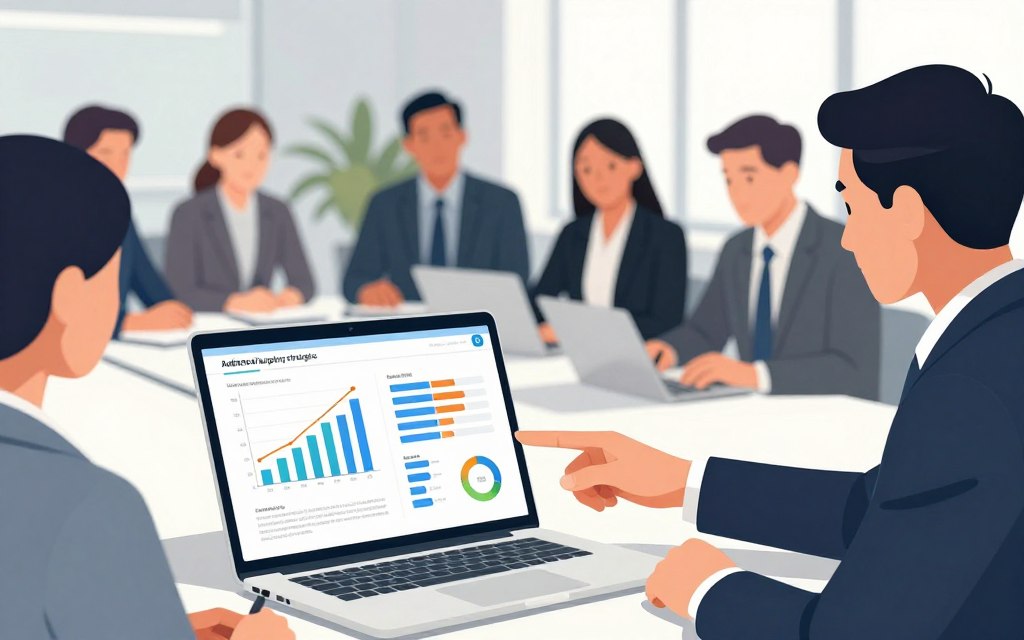 A professional conference setting, showcasing a diverse group of business professionals in smart attire, attentively analyzing a digital display of audience targeting strategies. In the foreground, a close-up of a laptop screen with colorful graphs and charts illustrating demographics, engagement metrics, and targeted ad placements. In the middle ground, attendees are engaged in discussion, pointing at the screen and taking notes, conveying a collaborative atmosphere. The background features a softly lit conference room with modern decor, enhancing a sense of focus and professionalism. The lighting is bright but not harsh, casting soft shadows, creating an inviting and energetic mood. The overall composition is balanced, ensuring clarity without clutter, and emphasizing the significance of optimizing ad campaigns.