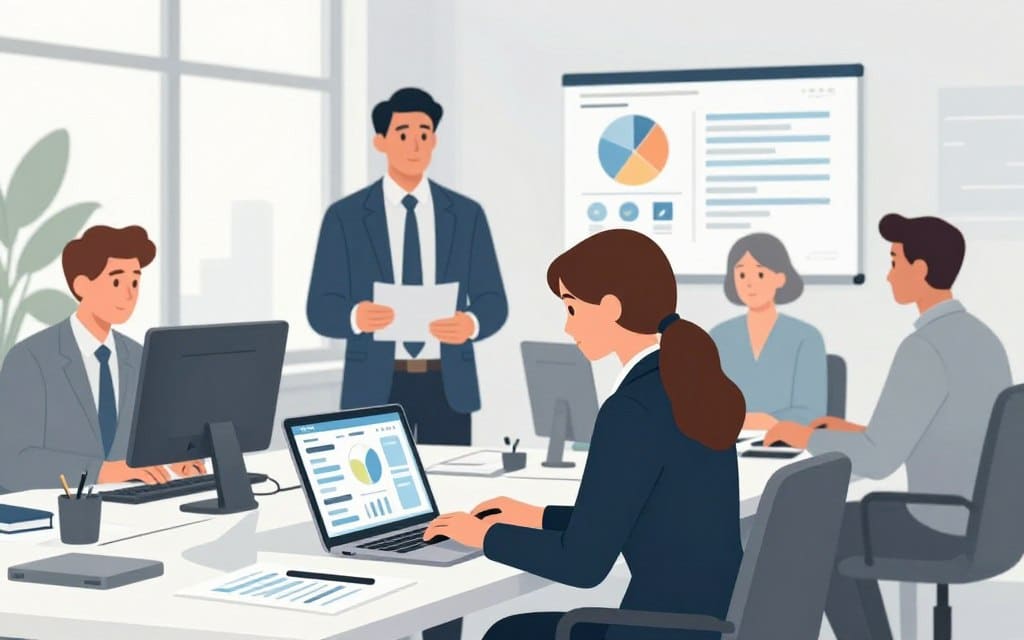 A professional setting depicting a diverse group of business people in an office environment, focused on securing ad accounts and managing billing. In the foreground, a woman in a smart business suit is intently reviewing a security dashboard on a laptop, highlighting data protection. Beside her, a man in a crisp blazer is discussing billing procedures, with charts and graphs displayed on a nearby digital screen. The middle ground features modern office furnishings, smart devices, and paperwork organized on a polished table. In the background, large windows let in soft natural light, creating a calm atmosphere. The overall mood is strategic and focused, emphasizing teamwork and professionalism in handling sensitive information. Colors are soft and muted, avoiding clutter while maintaining a clear visual emphasis on collaboration and security.