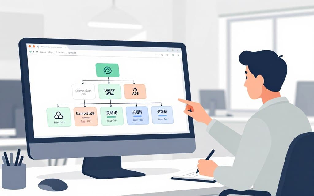 A professional workspace depicting a structured Google Ads account setup. Foreground: a large digital monitor displaying a detailed flowchart of campaign hierarchies, featuring organized categories like campaigns, ad groups, and keywords, designed with sleek icons. Middle ground: a focused business professional in smart casual attire, analyzing the monitor, jotting down notes on a notepad. Background: a modern office environment with minimalistic decor, soft lighting illuminating the workspace from large windows, creating a calm and productive atmosphere. The overall color scheme is soft and neutral, emphasizing clarity and organization. The image should evoke a sense of strategic planning and professionalism, devoid of any text or distractions.