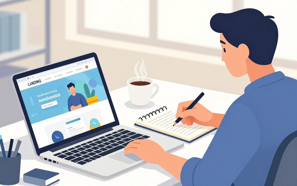 A professional writer sitting at a sleek, modern desk, intently crafting a compelling headline for a landing page. The foreground features a close-up of a laptop displaying a vibrant landing page mockup with engaging visual elements. In the middle ground, a notepad filled with handwritten notes and brainstorming ideas sits alongside a steaming coffee cup, emphasizing the creative process. The background shows a softly lit office space with a large window letting in warm, natural light, enhancing the focused atmosphere. The overall mood is inspirational and productive, capturing the essence of clarity and creativity in business communication. Soft colors dominate the scene, maintaining a clean and uncluttered composition.