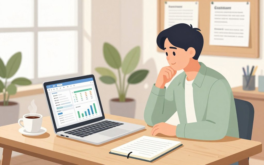 A serene office environment with a wooden desk in the foreground, adorned with a laptop displaying tracking results and customer feedback graphs. A cup of steaming coffee sits next to a notepad filled with handwritten notes. In the middle ground, a business professional in smart casual attire studies the data intently, with a look of contemplation and focus. The background features soft natural light streaming through a window, illuminating plants and a wall-mounted board with pinned customer feedback notes. The atmosphere is calm and productive, reflecting the importance of analyzing customer insights to drive advertising strategies for handmade products. Aim for a bright, inviting color palette with soft whites and greens. Capture the scene from a slightly elevated angle, emphasizing the laptop screen and the engaged professional.