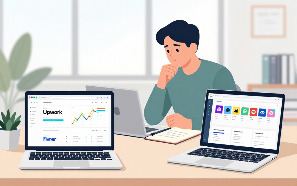A sleek and modern workspace with two laptops displaying graphical data and trends in the foreground, emphasizing various platforms for freelancers. One laptop shows analytics on freelance platforms like Upwork and Fiverr, while the other highlights a variety of social media sites. In the middle ground, a focused professional in smart casual clothing is thoughtfully analyzing the data, surrounded by a notepad and digital tablet reflecting fresh ideas and strategies. The background features a bright, airy office with large windows allowing natural light to pour in, softly illuminating the scene. The atmosphere is one of innovation and attentiveness, showcasing a proactive approach to staying updated on freelance trends.