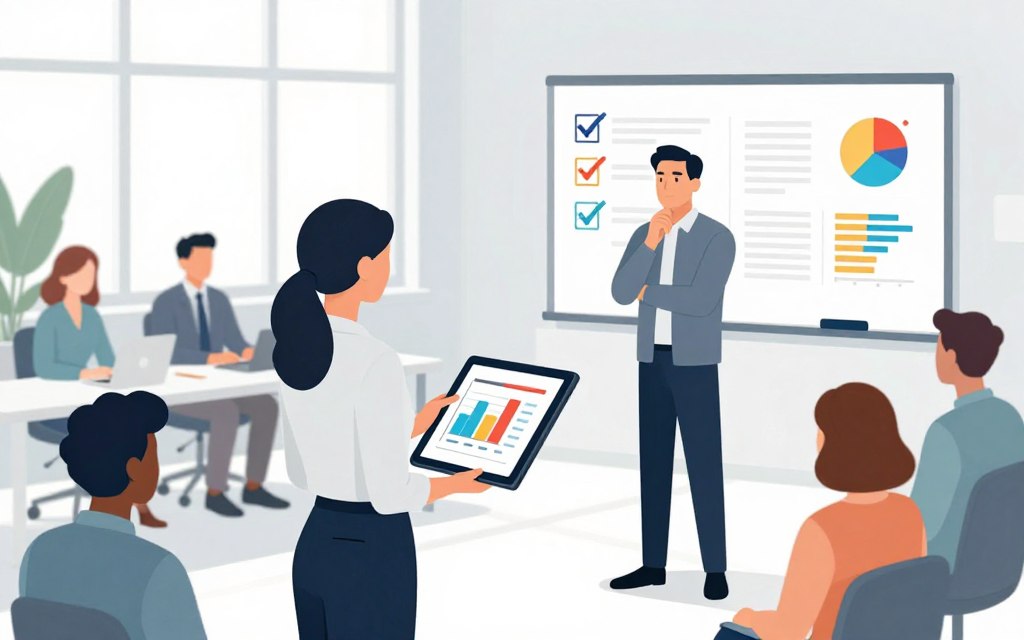 A spacious, modern office environment featuring a diverse group of professionals engaging in a collaborative discussion about split testing. In the foreground, a young woman in smart business attire, holding a tablet, points to a vibrant chart displaying statistical data on split testing outcomes. Beside her, a middle-aged man, also in professional clothing, nods thoughtfully. In the background, a whiteboard filled with myth-busting visuals related to split testing, with colorful graphs and checkmarks. The lighting is bright and natural, streaming through large windows, creating an uplifting and focused atmosphere. The angle captures a slightly elevated view to emphasize teamwork, with soft colors to maintain clarity and avoid visual clutter.