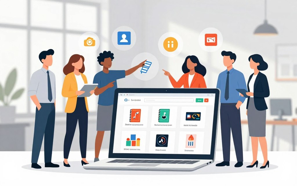 A vibrant digital marketplace scene showcasing alternative platforms for digital goods. In the foreground, a sleek laptop with colorful graphics on the screen, displaying various digital products like e-books, music, and art. In the middle ground, a diverse group of professionals in business attire engaging in discussion, pointing at the laptop, surrounded by floating icons representing digital goods. The background features a minimalist office environment with soft, natural lighting filtering through large windows, creating an inviting and innovative atmosphere. Use a shallow depth of field to focus on the laptop and the people, with a subtle bokeh effect on the background. Overall, the mood is collaborative and creative, highlighting the exploration of budget-friendly advertising options for digital products.