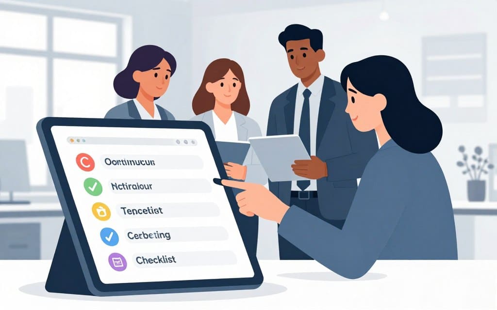 A visually engaging continuous optimization checklist set against a clean, professional office space. The foreground features a large, transparent checklist displayed on a modern tablet, with each item clearly marked and represented through vibrant icons. In the middle ground, a diverse group of three business professionals—two women in smart attire and one man in a suit—collaborate around a sleek desk, examining the checklist together, their expressions focused and engaged. The background shows a bright, airy office with soft lighting filtering through large windows, emphasizing a productive atmosphere. The overall color scheme is soft and balanced, creating a minimalist yet effective visual representation of continuous optimization in campaign management.
