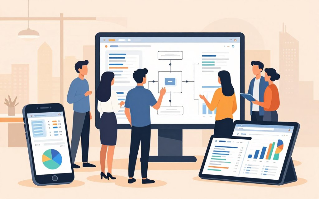 A visually engaging illustration of technical mechanics and tracking methods in digital advertising. In the foreground, several modern, sleek devices such as smartphones and tablets display analytics dashboards, showcasing graphs and data points related to ad performance. The middle ground features a diverse team of professionals in smart casual attire, collaborating over a large digital screen filled with tracking metrics and flowcharts. The background includes a softly lit, contemporary office space with large windows revealing a city skyline. Use warm ambient lighting to create a collaborative and innovative atmosphere. The composition should focus on the interaction between the team and the data, with a clean, uncluttered layout emphasizing clarity and sophistication.