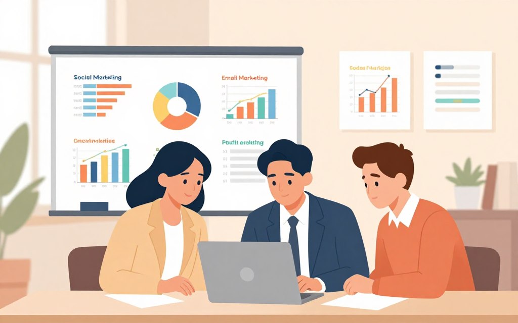 A visually engaging scene depicting a variety of budget-friendly advertising platforms. In the foreground, a diverse group of three professionals in business attire is gathered around a sleek laptop, exploring digital marketing options. The middle ground features a whiteboard with colorful charts and graphs illustrating budget metrics, highlighting various advertising strategies like social media, email marketing, and local networking. In the background, soft-focus elements suggest a creative workspace with natural light streaming in through a large window, creating an inviting atmosphere. The color palette is warm and soft, with earthy tones to evoke a sense of professionalism and approachability. The composition emphasizes collaboration and innovation in finding affordable advertising solutions. A visually engaging scene depicting a variety of budget-friendly advertising platforms. In the foreground, a diverse group of three professionals in business attire is gathered around a sleek laptop, exploring digital marketing options. The middle ground features a whiteboard with colorful charts and graphs illustrating budget metrics, highlighting various advertising strategies like social media, email marketing, and local networking. In the background, soft-focus elements suggest a creative workspace with natural light streaming in through a large window, creating an inviting atmosphere. The color palette is warm and soft, with earthy tones to evoke a sense of professionalism and approachability. The composition emphasizes collaboration and innovation in finding affordable advertising solutions.