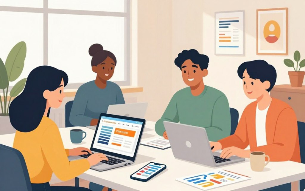 A visually engaging workspace featuring a diverse group of small business owners discussing strategies for free online advertising. In the foreground, focus on two professionals in smart casual attire, analyzing digital advertising platforms on laptops with cheerful expressions. In the middle, a table full of marketing materials, laptops, and smartphones showing vibrant websites of free advertising directories. In the background, a bright office environment with soft daylight filtering through large windows, adding a warm glow. Subtle green plants and inspiring wall art suggest a creative atmosphere. The overall mood is optimistic and collaborative, emphasizing innovation and accessibility for small businesses in a cost-effective advertising world.