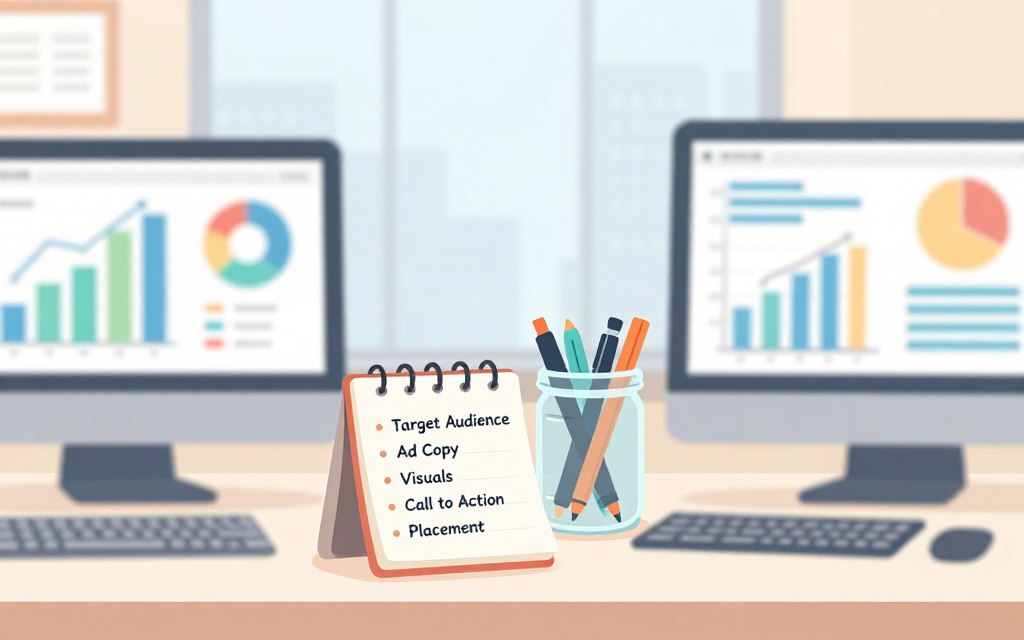 A visually engaging workspace showcasing essential variables to test in advertising. In the foreground, a sleek desk with a computer screen displaying colorful graphs and analytics. A notepad with bullet points like "Target Audience," "Ad Copy," "Visuals," "Call to Action," and "Placement" is prominently placed. In the middle, a clear glass jar highlights essential tools like pens and markers, symbolizing clarity and focus. The background features a soft-focus window view of a cityscape, allowing natural light to flood the scene, creating a bright and inviting atmosphere. The mood is professional yet approachable, inspiring creativity and analytical thinking. Use soft, warm colors to maintain a calm and organized appearance.