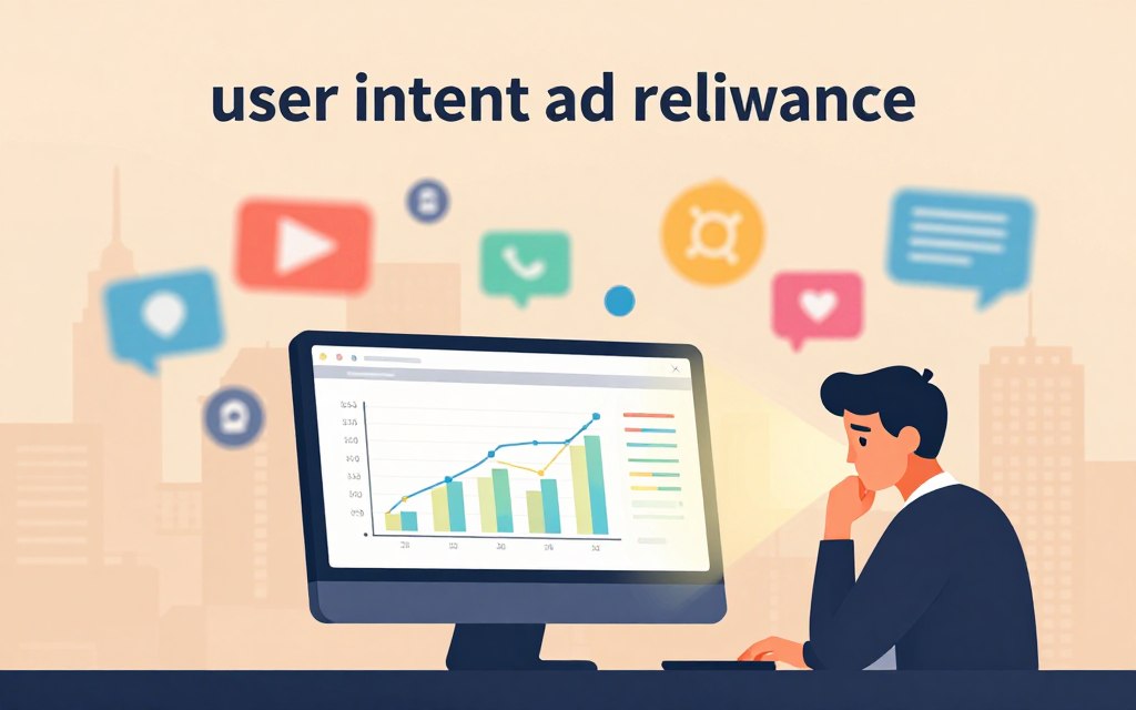 A visually striking metaphor for "user intent ad relevance," showcasing a digital marketing landscape. In the foreground, a sleek, modern computer screen displays complex analytics graphs that illustrate high impressions but low clicks. The screen glows softly, casting light on a thoughtful professional wearing business attire, analyzing the data with a furrowed brow. In the middle, a blurred representation of various vibrant digital ads floats, symbolizing the overwhelming options available to users. In the background, a muted city skyline represents the vast digital landscape, suggesting connection yet distance. The lighting is warm and inviting, with a focus on the screen’s glow, evoking a mood of contemplation and discovery.