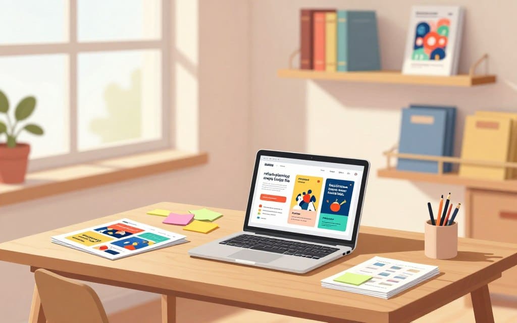 A well-organized creative workspace showcasing a "refresh planning swipe file." In the foreground, a stylish wooden desk holds an open laptop displaying vibrant advertisement designs, surrounded by colorful sticky notes. To the side, a neat stack of printed mock-up ads offers a glimpse of diverse creative concepts. In the middle ground, soft-focus shelves display design books and neatly arranged folders, highlighting a collection of successful ad campaigns. The background features a large window with natural light streaming in, casting warm, inviting shadows. The atmosphere is innovative and inspiring, perfect for brainstorming. Use a shallow depth of field to emphasize the desk elements while gently blurring the background. The color palette is soft and harmonious, creating a calming yet motivational environment.