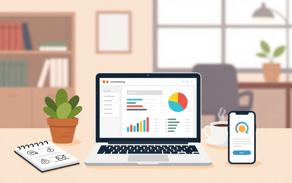 A well-organized workspace showcasing email and content marketing strategies. In the foreground, a laptop open with a clean and minimal interface displaying an email marketing dashboard, surrounded by colorful graphs and performance metrics. On the left side, a notepad with handwritten marketing ideas, and on the right, a smartphone displaying a social media reminder. The middle ground features a potted plant and a steaming cup of coffee, adding a warm touch. In the background, a softly lit office with bookshelves and a large window letting in natural light, giving an inviting ambiance. The overall color palette should be soft and calming, fostering a focused and productive atmosphere, ideal for marketing professionals.