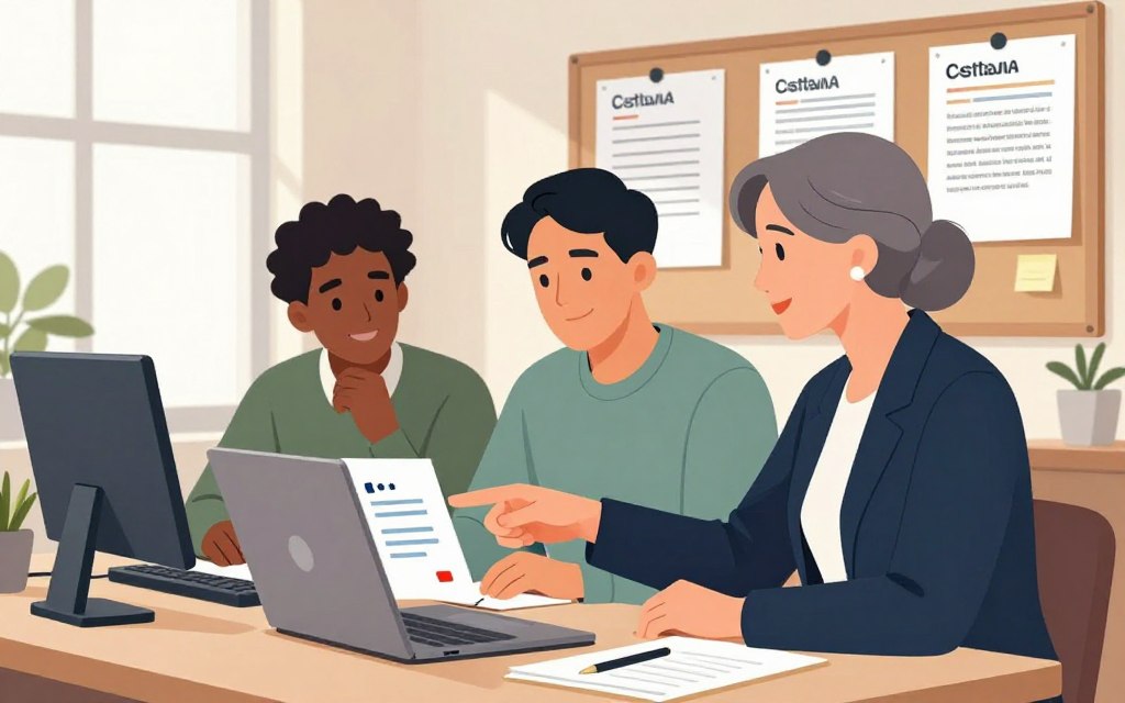 A bright and inviting workspace featuring a diverse group of three professionals discussing customer reviews on a laptop. In the foreground, a seasoned businesswoman in a smart blazer points to positive reviews on the screen, her expression confident and engaged. Beside her, a young man in a casual sweater nods, taking notes. In the background, a bulletin board adorned with printed customer testimonials creates an atmosphere of trust and credibility. Soft natural light filters through a window, casting gentle shadows that enhance the focus on the group. The overall mood is collaborative and dynamic, reflecting the importance of customer feedback in building a reputable home-based business.