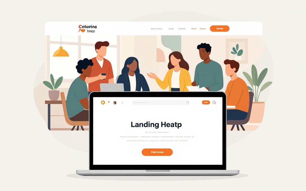 A clean and modern landing page design concept, emphasizing user-friendly elements. In the foreground, depict a sleek laptop displaying an elegantly designed landing page with vibrant call-to-action buttons and intuitive navigation. The middle layer features a diverse group of professionals dressed in smart casual attire, collaboratively discussing the design, with one pointing at the screen. In the background, a softly lit office space is visible, adorned with abstract art and indoor plants, creating a productive atmosphere. Soft, natural lighting streams through a nearby window, casting gentle shadows and highlighting the cohesiveness of the design. The overall mood is inspiring and focused, promoting creativity and collaboration in a startup environment. Colors are soft with a harmonious blend, ensuring a clear focal point on the landing page. A clean and modern landing page design concept, emphasizing user-friendly elements. In the foreground, depict a sleek laptop displaying an elegantly designed landing page with vibrant call-to-action buttons and intuitive navigation. The middle layer features a diverse group of professionals dressed in smart casual attire, collaboratively discussing the design, with one pointing at the screen. In the background, a softly lit office space is visible, adorned with abstract art and indoor plants, creating a productive atmosphere. Soft, natural lighting streams through a nearby window, casting gentle shadows and highlighting the cohesiveness of the design. The overall mood is inspiring and focused, promoting creativity and collaboration in a startup environment. Colors are soft with a harmonious blend, ensuring a clear focal point on the landing page.
