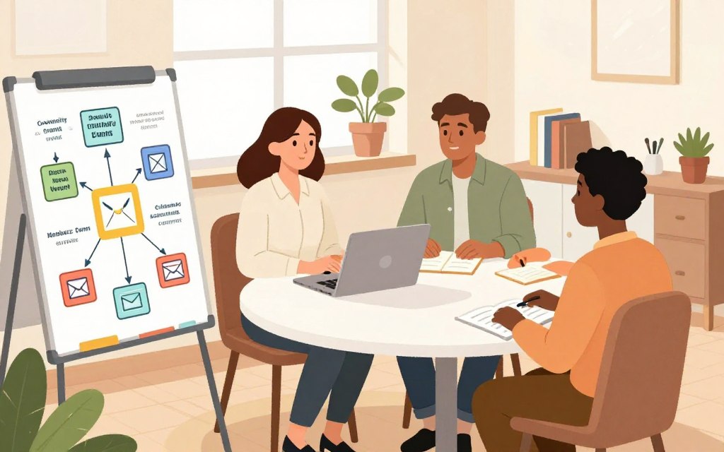 A cozy, inviting scene of a team of four diverse professionals engaged in a brainstorming session about email strategies that foster community. In the foreground, a whiteboard filled with colorful mind maps and diagrams showcasing ideas like community events, newsletters, and member interactions. The middle ground features a round table adorned with a laptop and open notebooks, where two people, a woman in a professional blouse and a man in a smart casual outfit, are actively discussing. In the background, large windows let in soft, natural lighting, illuminating potted plants and a well-organized office space. The overall mood is collaborative and inspiring, encouraging connection and creativity. Soft color tones create a warm atmosphere, devoid of clutter, focusing solely on communication and community building.