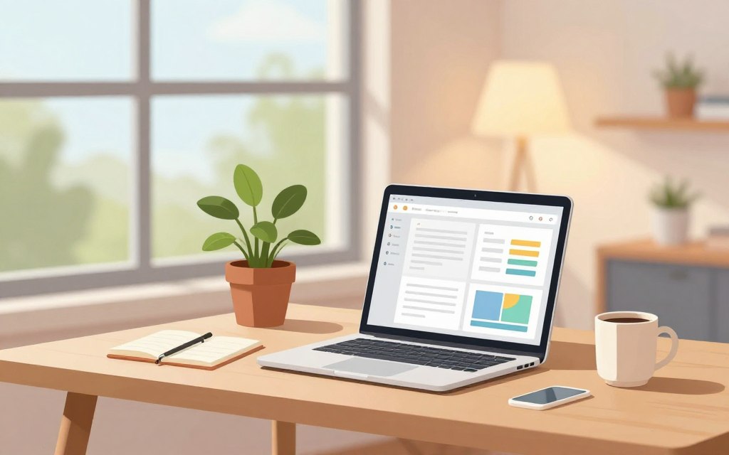 A cozy, modern workspace with a focus on content marketing blogging. In the foreground, a sleek wooden desk holds an open laptop displaying a blog interface with visual analytics. A notepad and a coffee mug are nearby, creating a warm atmosphere. The middle ground features a potted plant and a softly glowing lamp, adding to the inviting ambience. In the background, a large window reveals a serene outdoor view with natural light streaming in, illuminating the space. The overall mood is productive yet relaxed, ideal for brainstorming and planning. Use soft colors and a shallow depth of field to keep the focus on the desk while maintaining a professional look. A cozy, modern workspace with a focus on content marketing blogging. In the foreground, a sleek wooden desk holds an open laptop displaying a blog interface with visual analytics. A notepad and a coffee mug are nearby, creating a warm atmosphere. The middle ground features a potted plant and a softly glowing lamp, adding to the inviting ambience. In the background, a large window reveals a serene outdoor view with natural light streaming in, illuminating the space. The overall mood is productive yet relaxed, ideal for brainstorming and planning. Use soft colors and a shallow depth of field to keep the focus on the desk while maintaining a professional look.