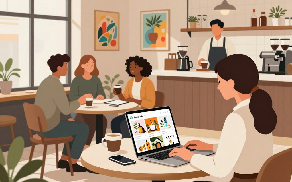 A cozy urban coffee shop setting with a warm, inviting atmosphere. In the foreground, a young woman in professional attire is engaged on her laptop, clearly interacting with social media. Her screen displays vibrant posts showcasing local products and services. In the middle ground, a small group of diverse professionals gather around a table, discussing strategies, with smartphones and notebooks spread out before them. In the background, colorful local art decorates the walls, and a barista serves fresh coffee to customers. Soft, natural light streams through large windows, creating a bright and positive mood. The scene emphasizes connection and engagement, reflecting a community-focused social media outreach.