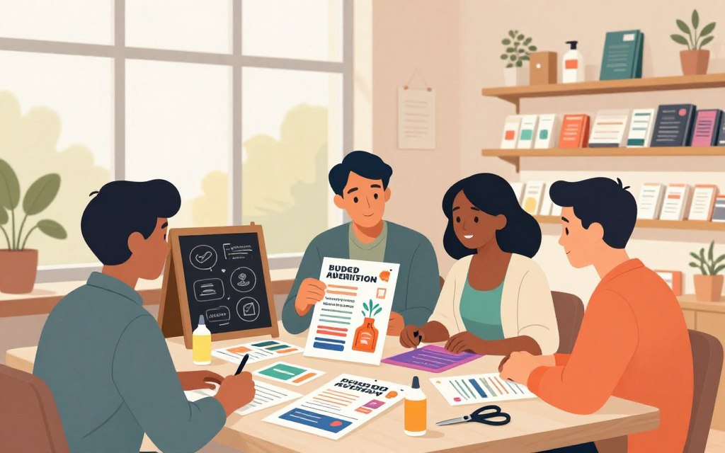 A creative workspace showcasing budget-friendly advertising hacks to drive foot traffic to a local store. In the foreground, a diverse group of three individuals in smart casual attire brainstorm ideas at a table filled with colorful flyers, a mock-up of a local event poster, a chalkboard with marketing strategies, and craft supplies like scissors and glue. In the middle ground, a large window lets in warm, natural light, enhancing the inviting atmosphere. The background features a cozy store interior, with shelves displaying local products and subtle decorations that evoke community spirit. The overall mood is collaborative and innovative, with a soft focus on the colors to keep it serene and engaging.
