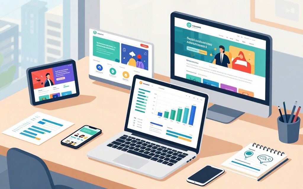 A modern digital workspace illustrating various digital media advertising platforms. In the foreground, a sleek laptop displays graphs and analytics on the screen, surrounded by a smartphone and digital devices showing ads. The middle ground features an organized desk with marketing materials, colorful mockups of social media ads, and a notepad with creative ideas. The background displays a blurred cityscape, suggesting the local environment where the advertisements will have an impact. Soft, natural lighting fills the scene, creating a professional yet inviting atmosphere. The perspective is slightly overhead, giving a comprehensive view of the workspace. The color palette is warm and inviting, with soft blues and greens, ensuring the focus remains on the digital advertising theme.