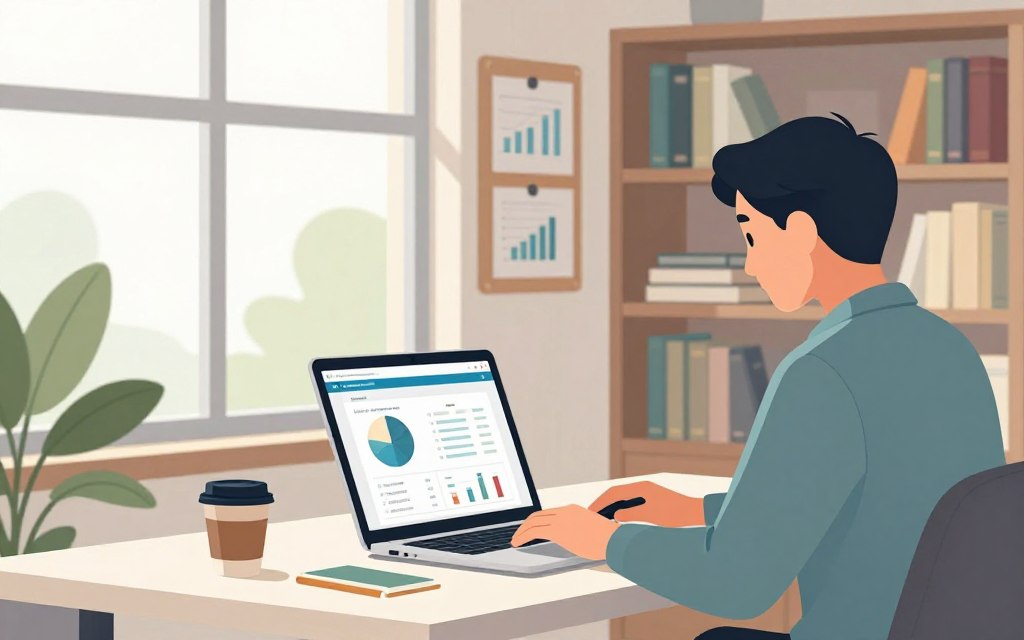 A modern home office scene depicting a professional individual optimizing a website for local search. In the foreground, focus on a desk with a laptop open to a webpage showing local SEO analytics, surrounded by stationery and a coffee cup. In the middle ground, include a large window with soft natural light streaming in, highlighting charts and graphs related to local search strategies pinned on a corkboard. In the background, a bookshelf filled with business books creates a warm, inviting atmosphere. The individual, dressed in smart casual attire, is focused and engaged, reflecting a sense of determination and clarity. Soft color palette with subtle greens and blues to convey a calm, productive mood. No clutter, ensuring a clear subject focus without any text or overlays.