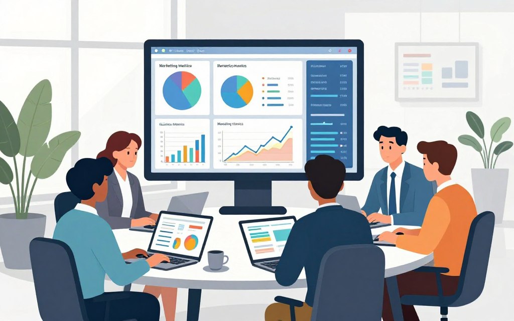 A modern office environment focusing on monitoring marketing metrics. In the foreground, a diverse team of professionals, dressed in smart casual attire, is gathered around a sleek table with laptops open, analyzing colorful graphs and charts on their screens. The middle ground features a large digital monitor displaying vibrant, detailed analytics dashboards with key performance indicators and trends. In the background, soft natural light filters through large windows, illuminating the space, with indoor plants enhancing the atmosphere. The setting conveys a collaborative and productive mood, emphasizing teamwork and strategic planning. Use soft colors to create a calm yet engaging ambiance, highlighting the importance of data-driven decisions. A modern office environment focusing on monitoring marketing metrics. In the foreground, a diverse team of professionals, dressed in smart casual attire, is gathered around a sleek table with laptops open, analyzing colorful graphs and charts on their screens. The middle ground features a large digital monitor displaying vibrant, detailed analytics dashboards with key performance indicators and trends. In the background, soft natural light filters through large windows, illuminating the space, with indoor plants enhancing the atmosphere. The setting conveys a collaborative and productive mood, emphasizing teamwork and strategic planning. Use soft colors to create a calm yet engaging ambiance, highlighting the importance of data-driven decisions.