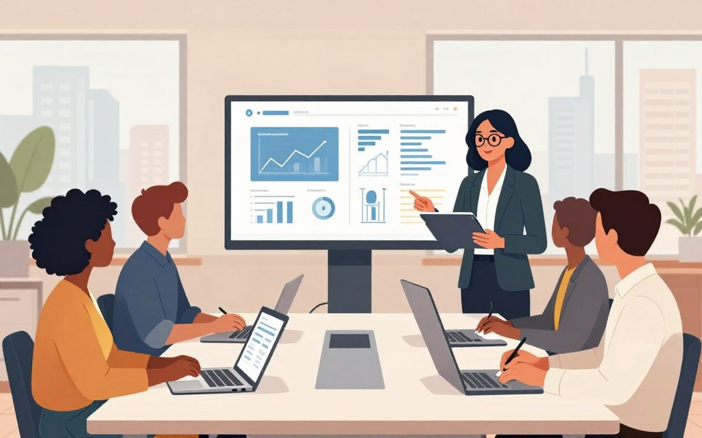 A modern office scene with a focus on a diverse group of professional individuals engaged in a brainstorming session. In the foreground, a confident businesswoman in a tailored blazer and glasses is presenting her ideas on a digital tablet, while a man in a smart shirt takes notes. The middle ground features a sleek conference table surrounded by laptops and digital marketing graphics displayed on a large screen. In the background, large windows reveal a bustling cityscape, symbolizing the online marketplace. Soft, natural lighting illuminates the room, creating a warm and inviting atmosphere. The image conveys a sense of collaboration, innovation, and the importance of a strong online business presence, using a balanced composition that avoids clutter and emphasizes clarity and professionalism. A modern office scene with a focus on a diverse group of professional individuals engaged in a brainstorming session. In the foreground, a confident businesswoman in a tailored blazer and glasses is presenting her ideas on a digital tablet, while a man in a smart shirt takes notes. The middle ground features a sleek conference table surrounded by laptops and digital marketing graphics displayed on a large screen. In the background, large windows reveal a bustling cityscape, symbolizing the online marketplace. Soft, natural lighting illuminates the room, creating a warm and inviting atmosphere. The image conveys a sense of collaboration, innovation, and the importance of a strong online business presence, using a balanced composition that avoids clutter and emphasizes clarity and professionalism.