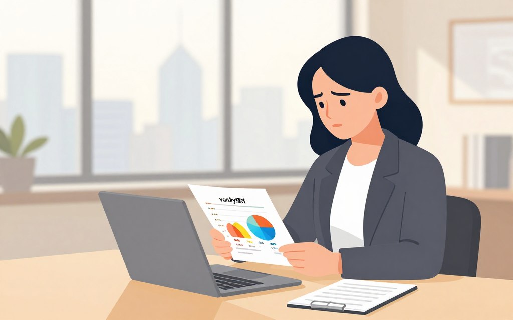 A modern office space with a well-dressed professional woman in her 30s, reviewing data on a sleek laptop. In the foreground, she frowns slightly at a colorful chart filled with flashy numbers and social media likes labeled "vanity metrics." The middle ground features a large window providing soft, natural light, illuminating the room and casting a warm tone. On the table, a notepad with actionable insights can be seen, contrasting the chart. The background features a blurred cityscape, emphasizing progress and clarity. The atmosphere is contemplative, hinting at the importance of focusing on meaningful metrics over superficial ones, while maintaining an organized and minimalistic aesthetic.